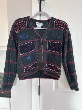 Vintage Kathy Ireland Embroidered Knit Cardigan Floral 90s Cottage Green Y2K